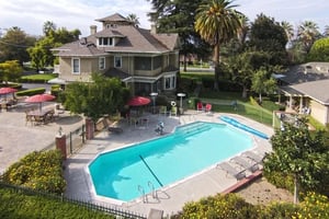 Aerial view of pool and Victorian house