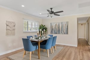 Dining room with blue chairs