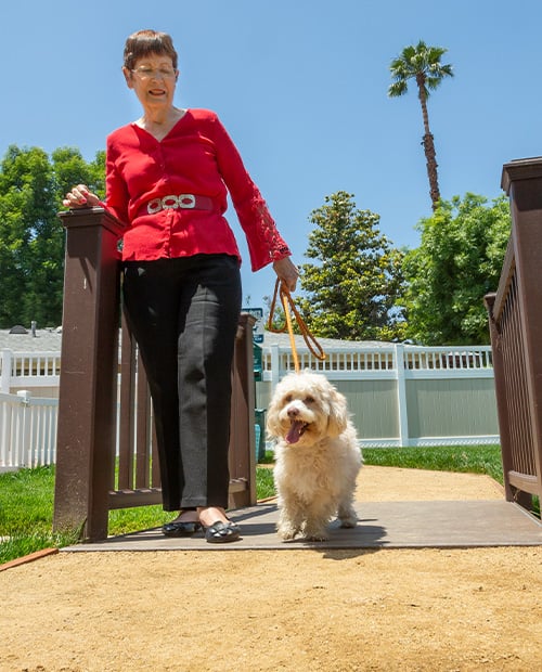 women walking her dog to the dog park