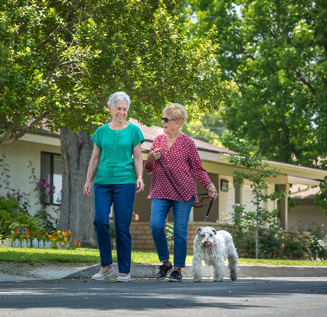 two women walking with dog