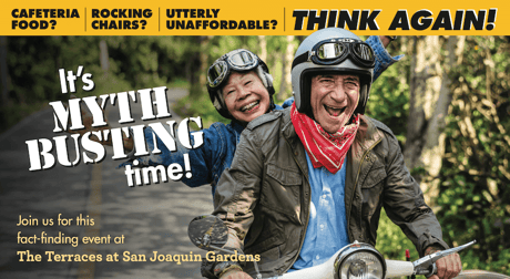 A couple happily rides a scooter in a forest, promoting the myth-busting event at The Terraces at San Joaquin Gardens.